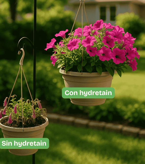Hydretain botella 950 ml. Ahorro en paquete x3 uds, caja x16 uds. Administrador de humedad para mayor supervivencia con menos agua. Para cultivos, pastos, jardines, plantas de interior, reforestación, revegetalización. Aplicación trimestral.