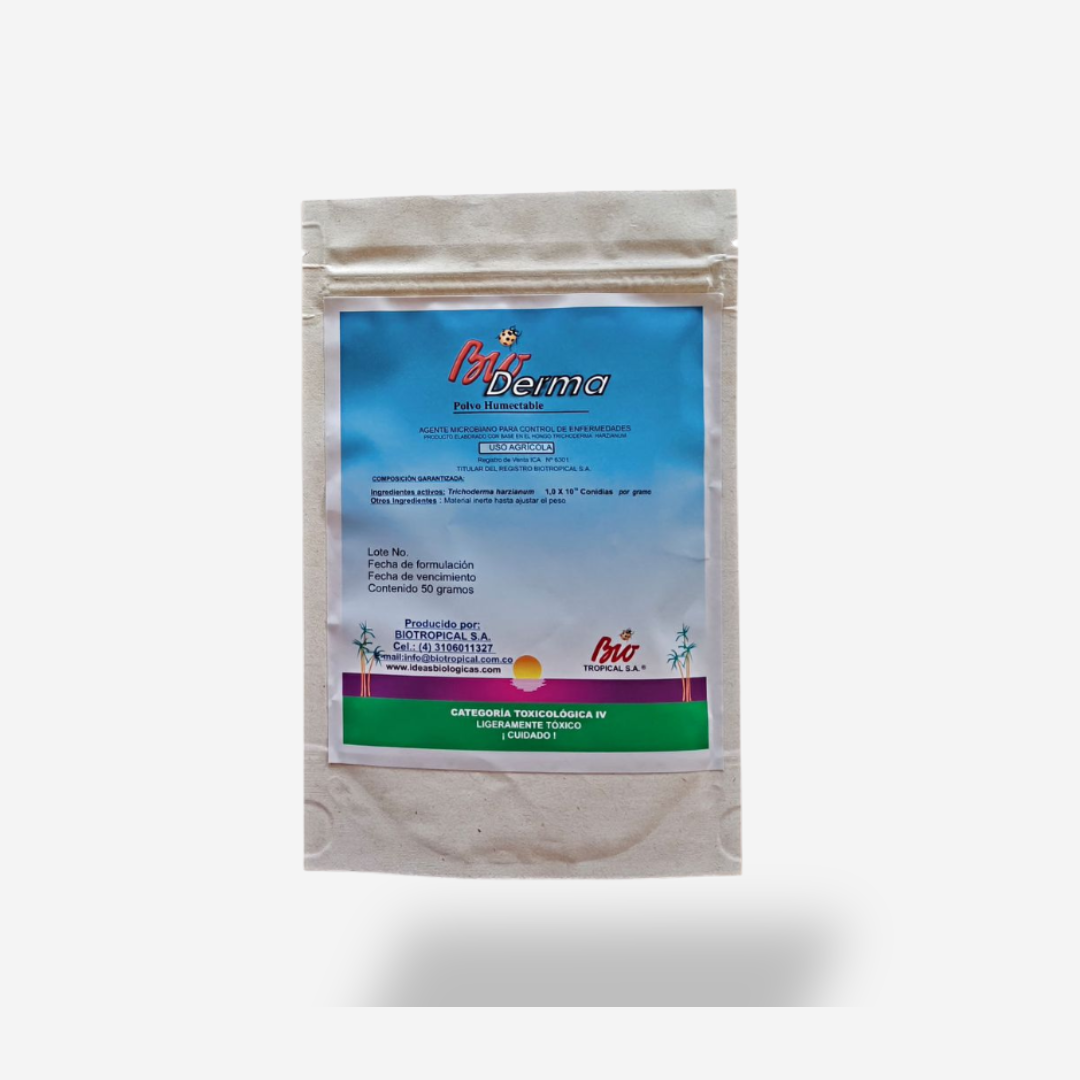 BioDerma 50g. Hongo antagonista que controla las enfermedades causadas por hongos patógenos en las raíces de todo tipo de plantas, pastos, cultivos. Estimula el enraizamiento para un mejor desarrollo de las plantas. Amigable con el medio ambiente.
