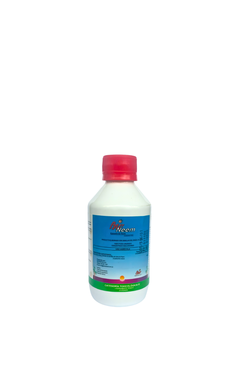 BioNeem 250ml, increíble insecticida orgánico con extracto de neem que controla más de 40 especies de insectos en cultivos, pastos, árboles, plantas de interior. Inhibe el sistema endocrino de insecto adulto e interrumpe la metamorfosis de la larva.